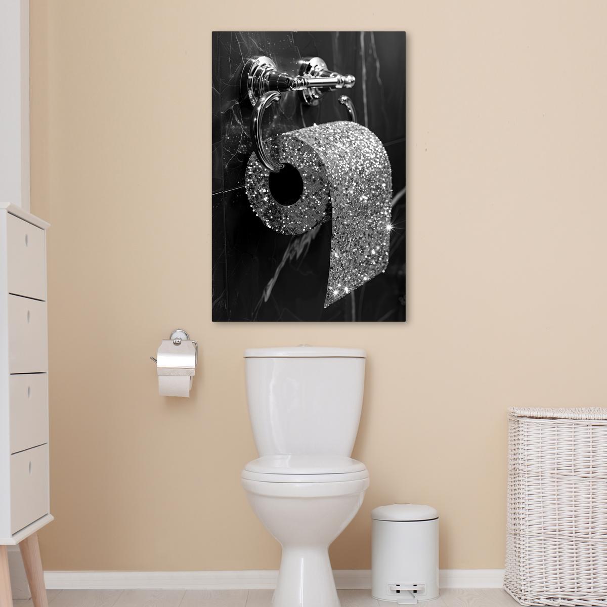 LEINWANDBILD WC - Toilettenpapier - Schwarz und weiß - Glitter Wanddeko Schlafzimmer 60x90 cm - Silberfarben, Textil (60/90cm) - MuchoWow