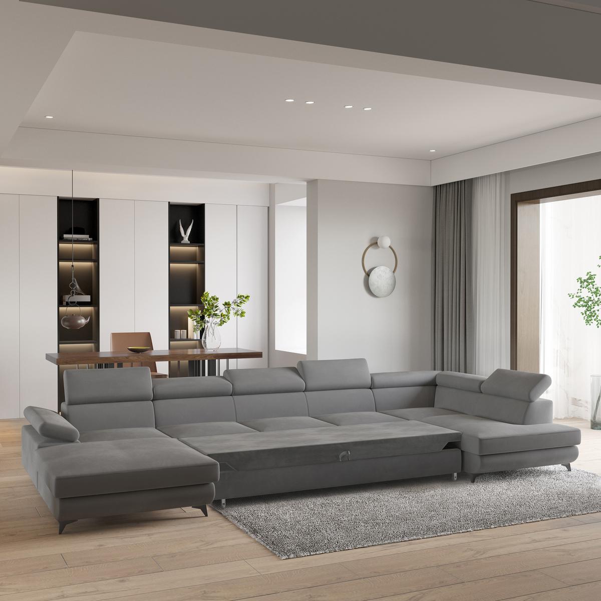 WOHNLANDSCHAFT MONTIVA Grau Velours-Stoff mit Schlaffunktion - Grau, Holz (410/89/190cm) - MASSENO