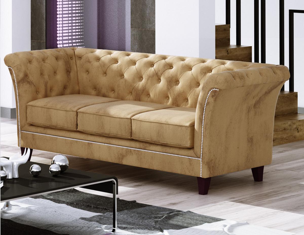 SITZGARNITUR 3+2+1 Chesterfield Fusion Beige Samt - Beige/Braun, Holz/Textil (237/75/82cm) - S-Style Möbel