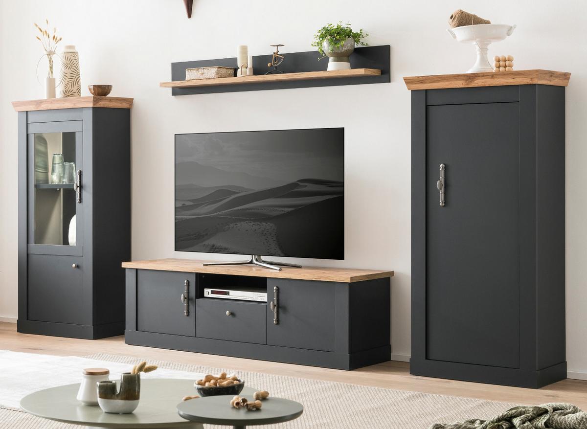 WOHNWAND 4-teilig grau, Eiche Wotan, Landhaus 322 x 170 cm, Wohnkombination mit Soft-Close - Silberfarben/Eiche Wotan, Glas/Holzwerkstoff (322/170/45cm) - Furn.Design