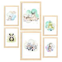POSTER Set Mit 6 Tierfamilien Weißer Hintergrunddruck Mit Tierfamilienthemen Im Pastell Aquarell Stil Innenarchitektur A3 & A4 Rahmen Aus Hellem Holz - Beige, Papier (29/3cm) - Nacnic