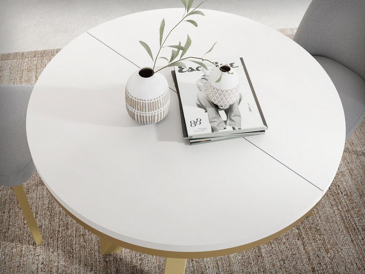 ESSTISCH Clara Gold runder ausziehbarer, Weiß 120-200/120/76 cm - Goldfarben/Weiß, Holzwerkstoff/Metall (120/196/76cm) - WFL GROUP