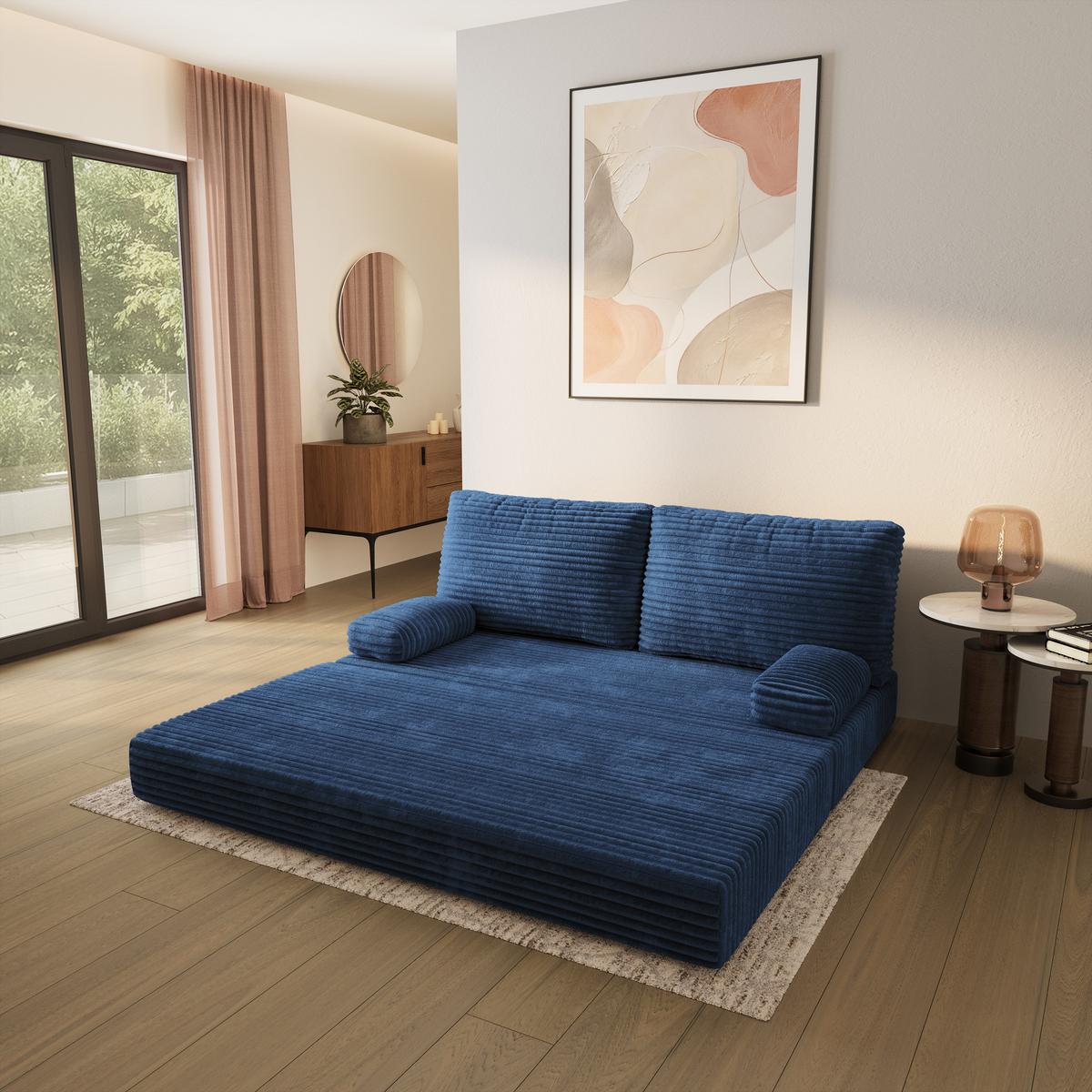 BETTSOFA SILAR aus Schaumstoff Kordstoff Blau Schlaffunktion - Blau, Textil (170/86/80cm) - MASSENO