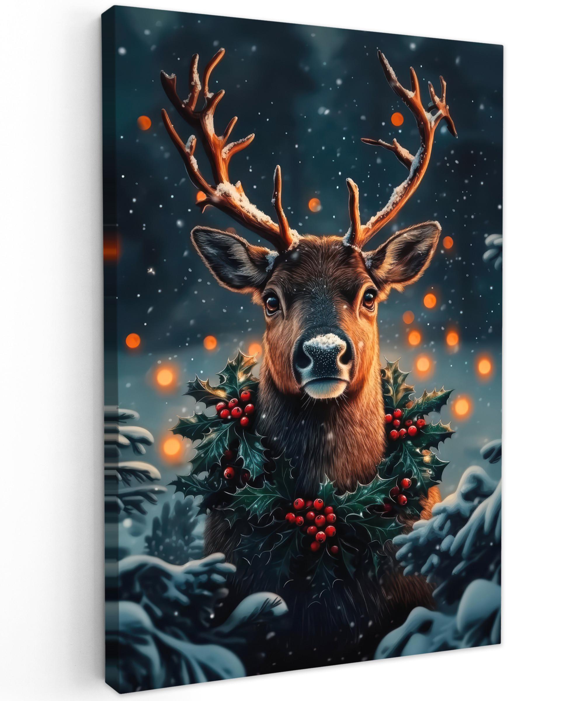 LEINWANDBILD Hirsch - Weihnachten - Winter - Schnee - Weihnachtskranz Deko Groß 90x140 cm - Dunkelbraun, Textil (90/140cm) - MuchoWow