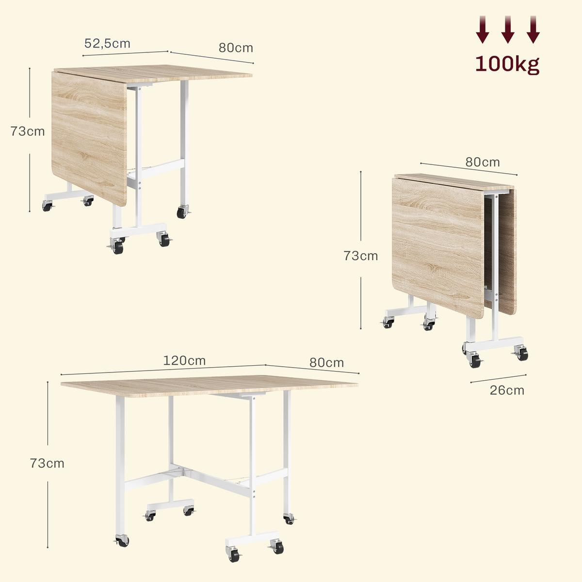 KLAPPTISCH Spanplatte Stahl Eiche-weiß - Eichefarben/Weiß, Holzwerkstoff/Metall (120/80/73cm) - HOMCOM