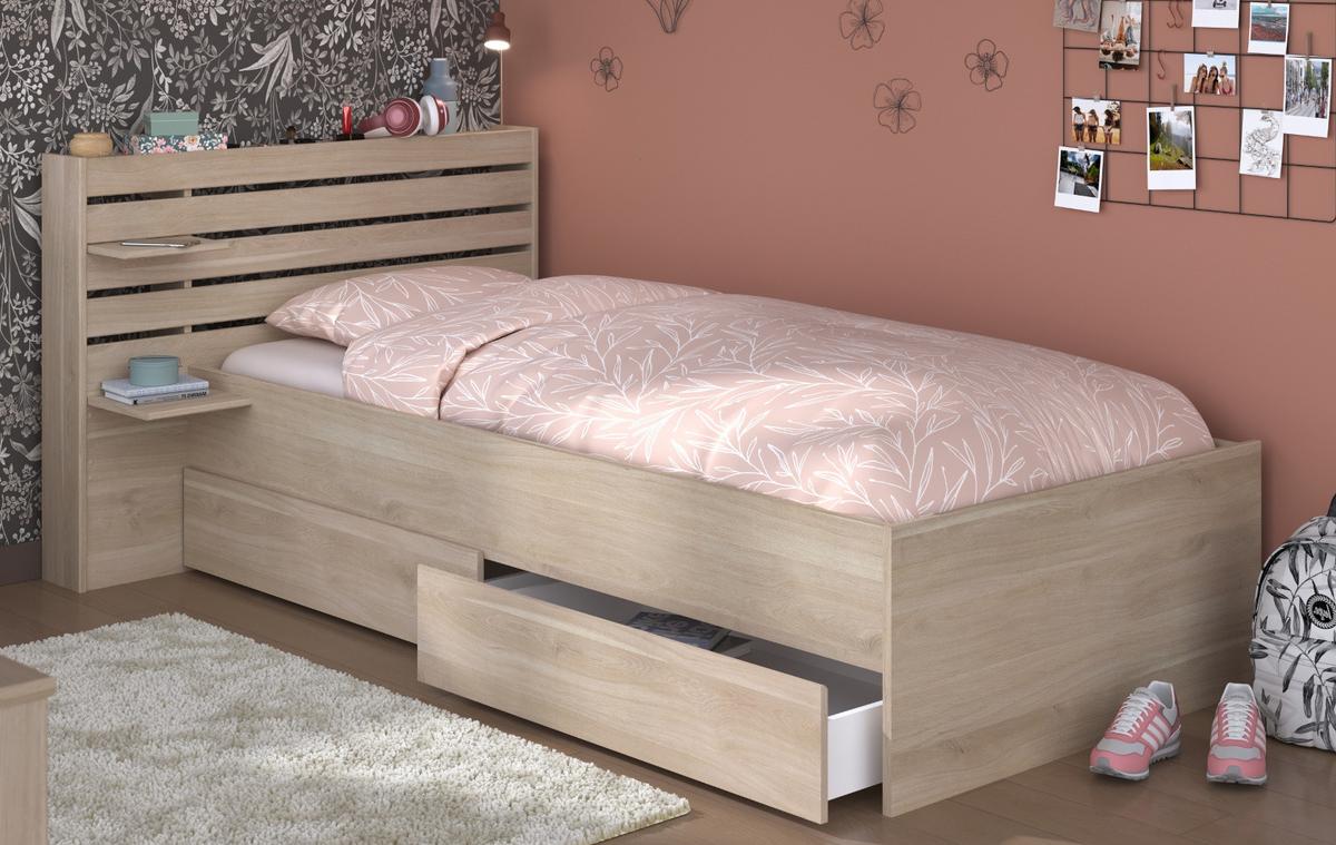 STAURAUMBETT Jugendzimmer Bett 90 x 200 mit 2 x Bettschubkasten - Eichefarben, Holz/Holzwerkstoff (90/200cm) - Parisot Meuble