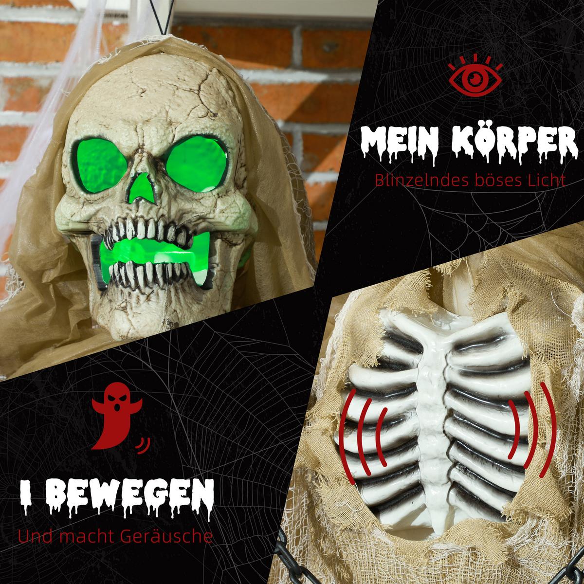 183CM Halloween Dekoration Hängendes Skelett mit LED-Lichter, Soundfunktion - Hellbraun, Kunststoff (18/183/70cm) - HOMCOM