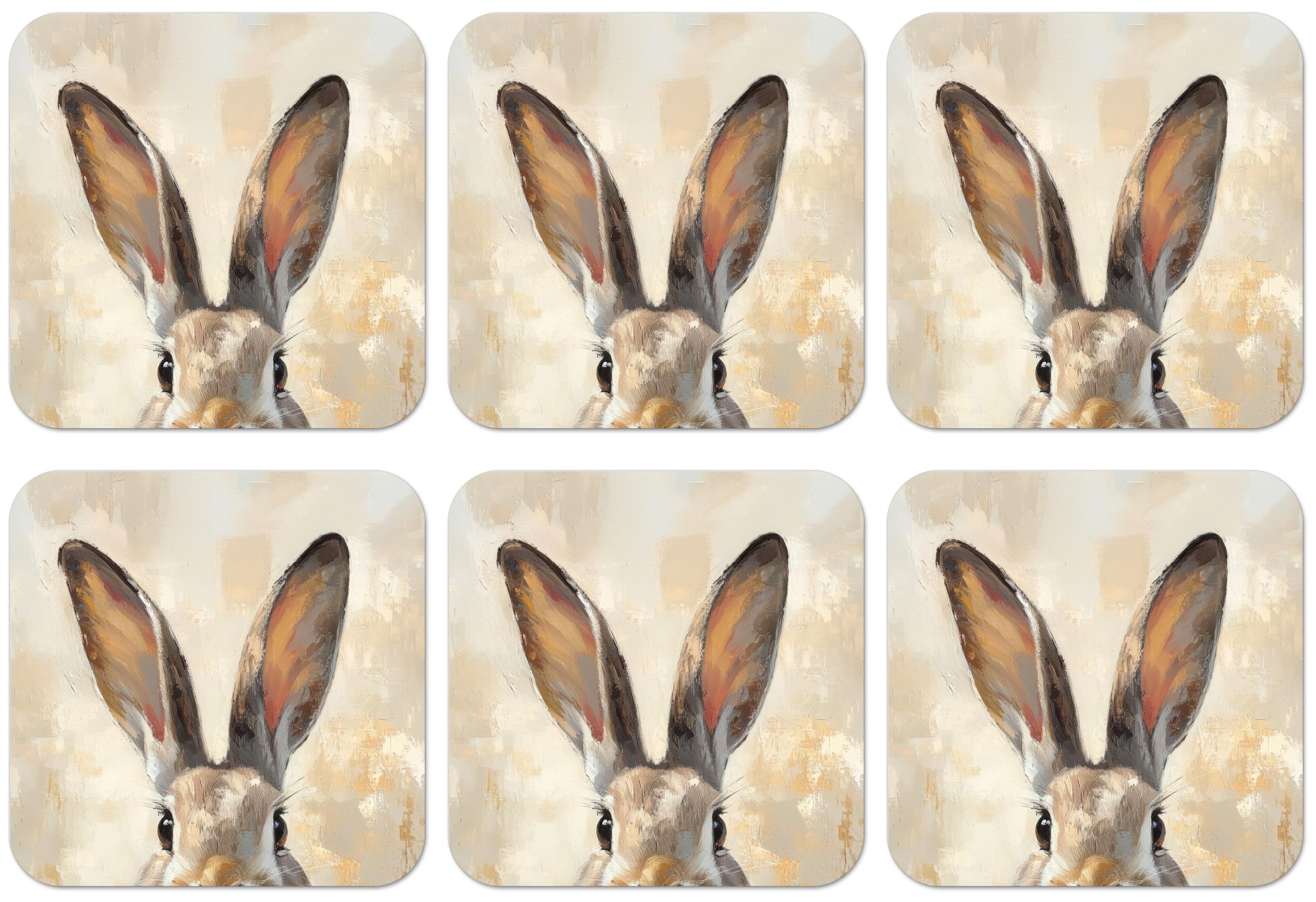 GLASUNTERSETZER 6er-Set Hase - Ohren - Braun Zubehör für Getränke 10x10 cm - Beige, Naturmaterialien (10/0.2cm) - MuchoWow
