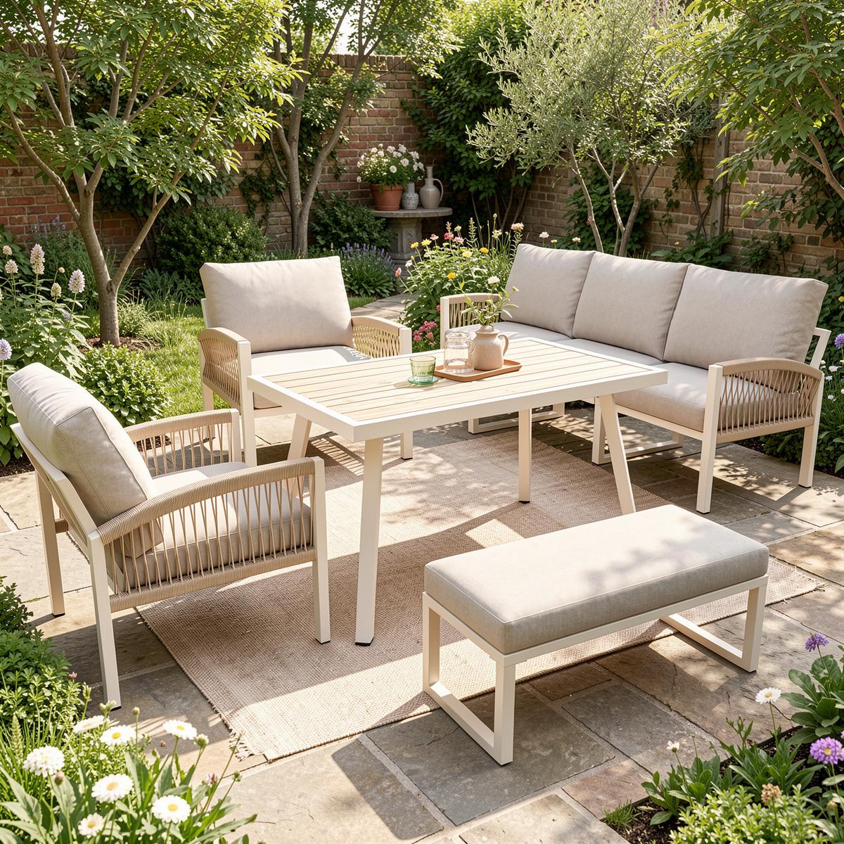 LOUNGEGARNITUR 7-tlg. Eisen Beige Gartensofa mit Tisch, Sesseln & Bank - Beige, Metall - Urban Meuble