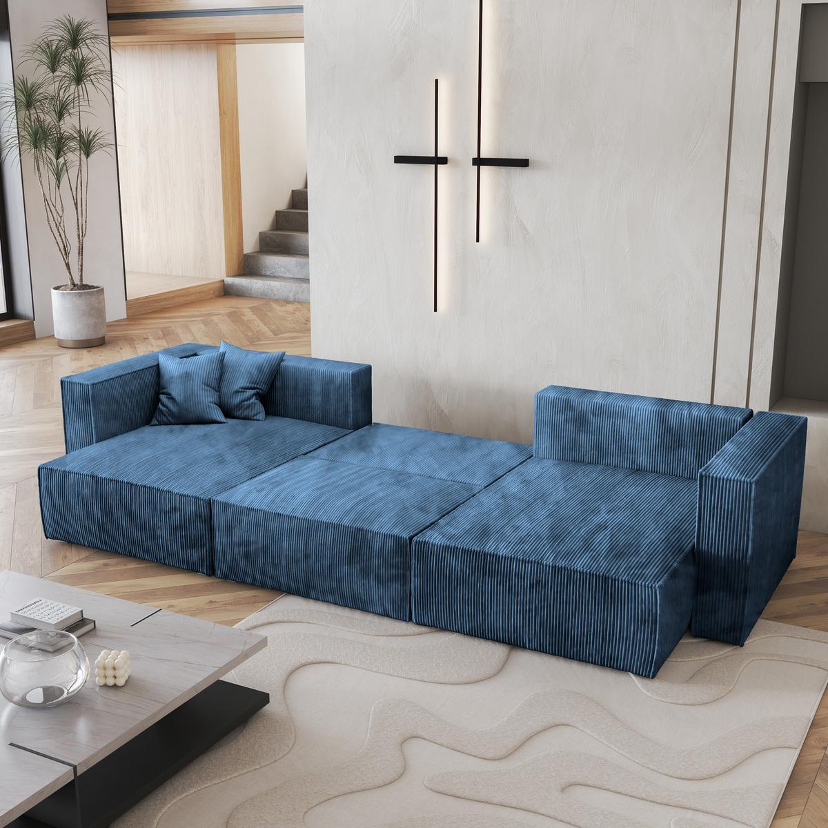 WOHNLANDSCHAFT SARMO P Blau Kordstoff mit Schlaffunktion - Blau/Grau, Holz/Kunststoff (347/70/148cm) - MASSENO