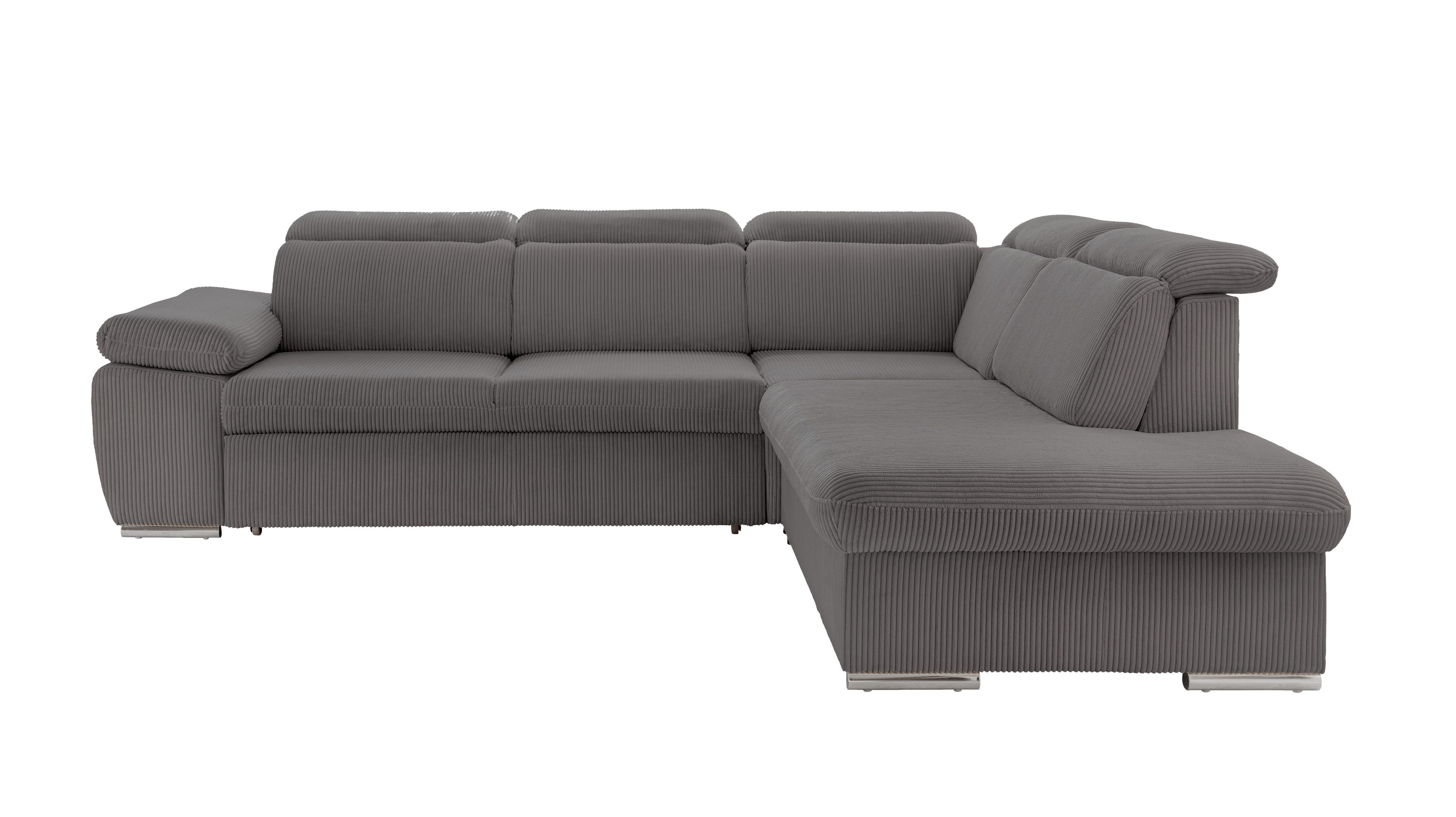 ECKSOFA mit Schlaffunktion, Bettkasten, Kopfstützen verstellbar, Wellenunterfederung, Ottomane rechts B283/T228/H102 cm, Cord Dunkelgrau / 17217 - Chromfarben/Dunkelgrau, Textil/Metall (283/228cm) - luma-home