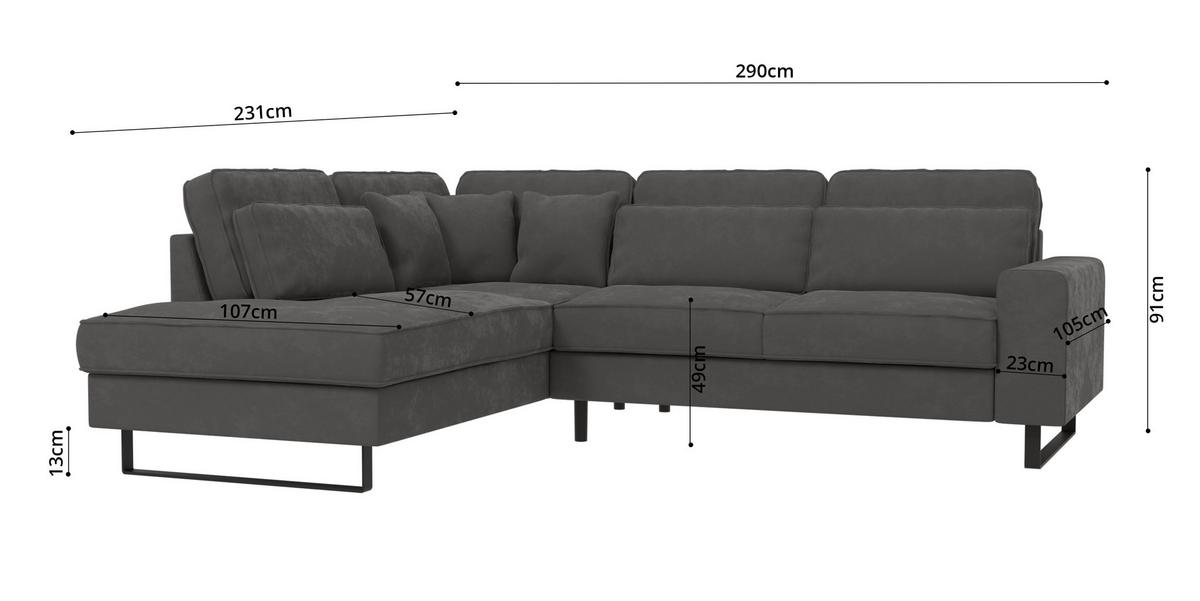 ECKSOFA Zuri Grau Samt - Schwarz/Grau, Holz/Kunststoff (290/231cm) - S-Style Möbel
