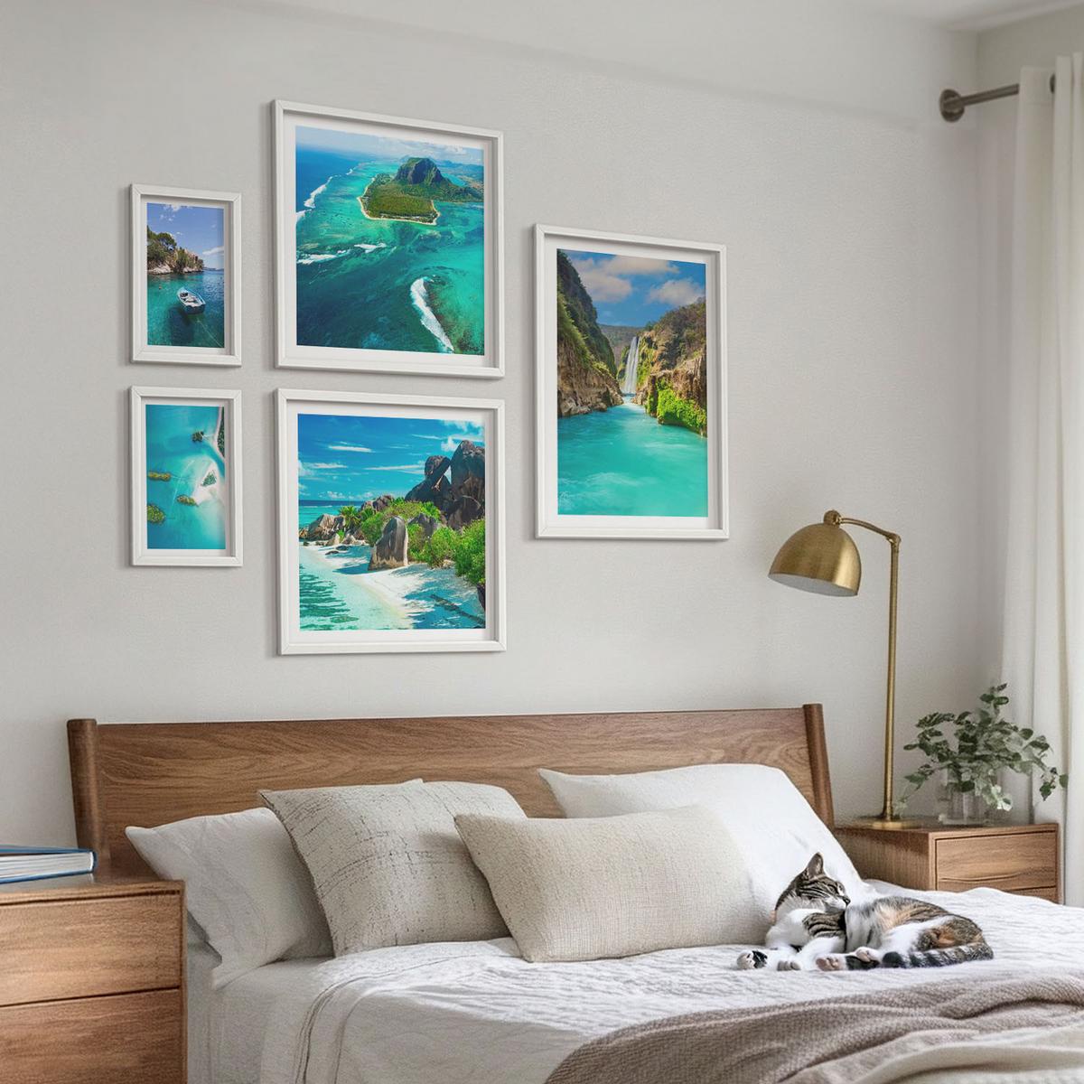 BILDER SET 5er Set - 50x50 cm & 20x30 cm & 40x60 cm Weißer Rahmen - Seeboote Hirsche Berge - Weiß, Kunststoff (40/60cm) - TULUP