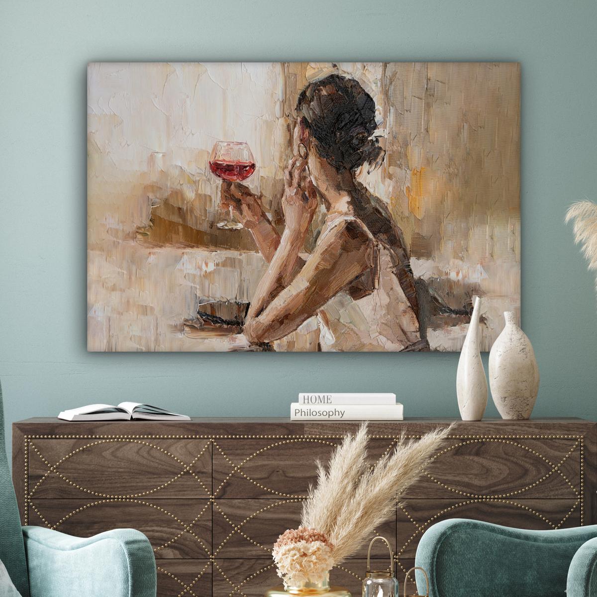 LEINWANDBILD Ölgemälde - Frau - Wein XXL 150x100 cm - Hellbraun, Textil (150/100cm) - MuchoWow