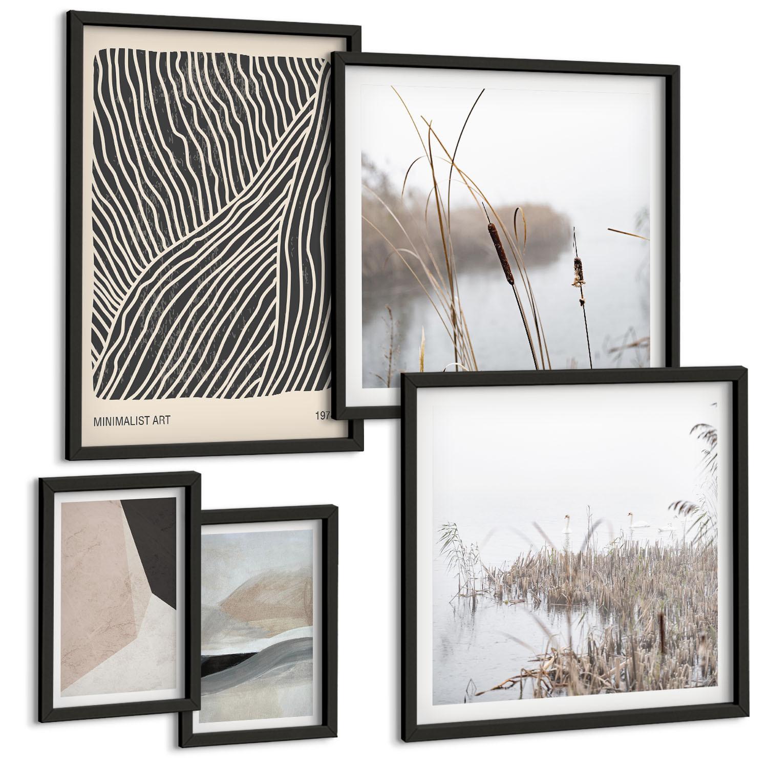 BILDER SET 5er Set - 50x50 cm & 20x30 cm & 40x60 cm Schwarzer Rahmen - Abstrakte Boho-Dekorationsmuster - Schwarz, Kunststoff (40/60cm) - TULUP