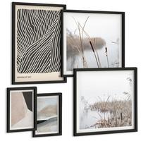 BILDER SET 5er Set - 50x50 cm & 20x30 cm & 40x60 cm Schwarzer Rahmen - Abstrakte Boho-Dekorationsmuster - Schwarz, Kunststoff (40/60cm) - TULUP