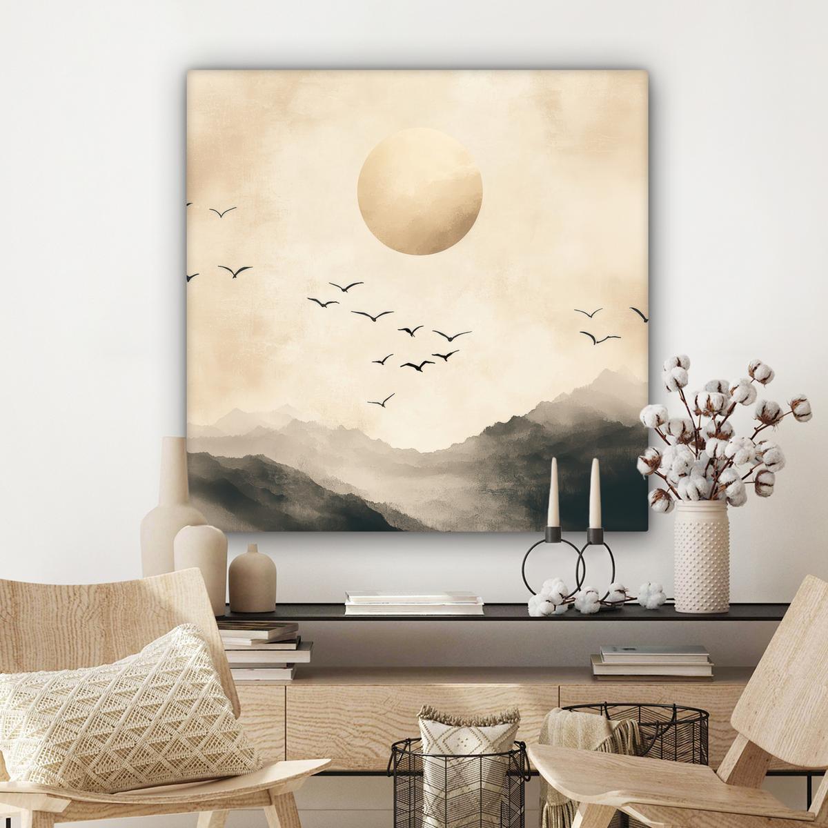LEINWANDBILD Landschaft - Japandi - Vogel Deko Groß 90x90 cm - Beige, Textil (90/90cm) - MuchoWow