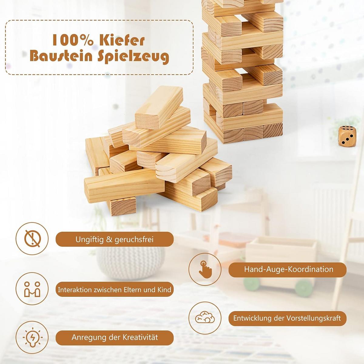 RIESEN Wackelturm 54 Blöcke Holz - Apfelbaumfarben, Holz (5/16/4cm) - COSTWAY
