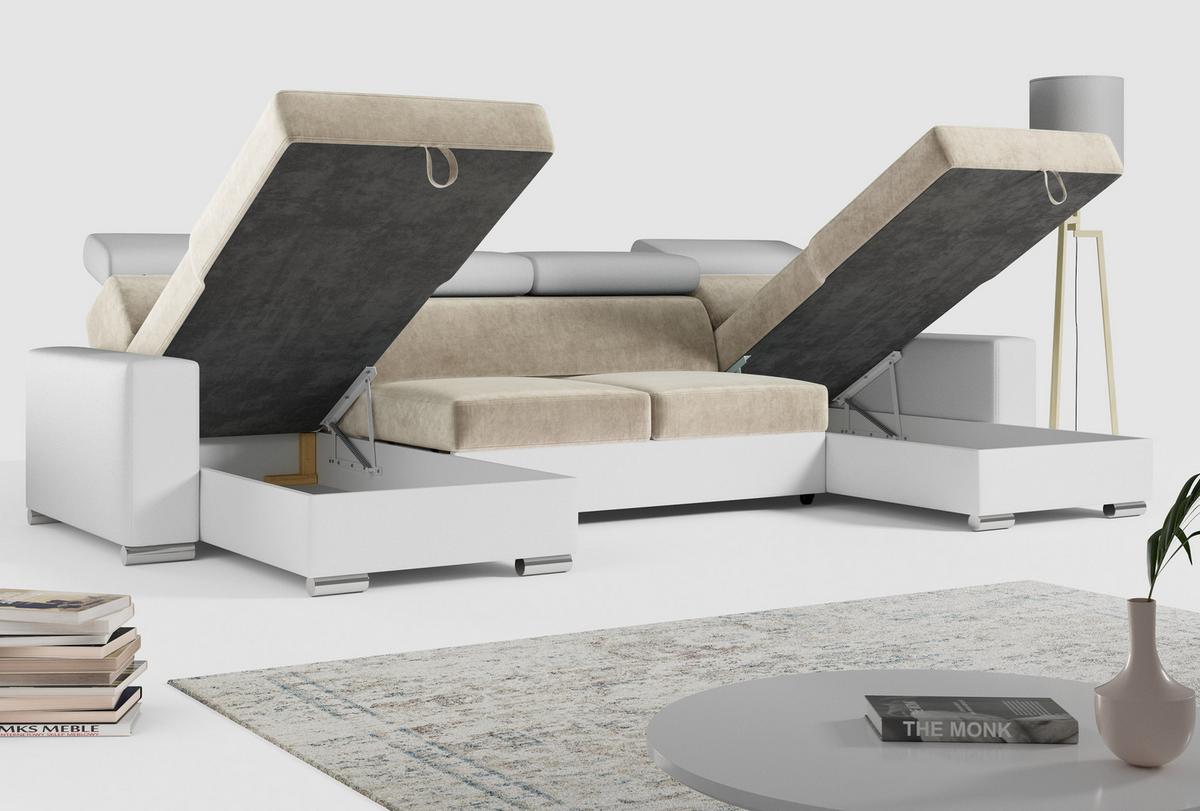 WOHNLANDSCHAFT FOX U Beige/Weiß - Velvet/Kunstleder - Beige/Silberfarben, Kunststoff/Textil (306/98/168cm) - MKS