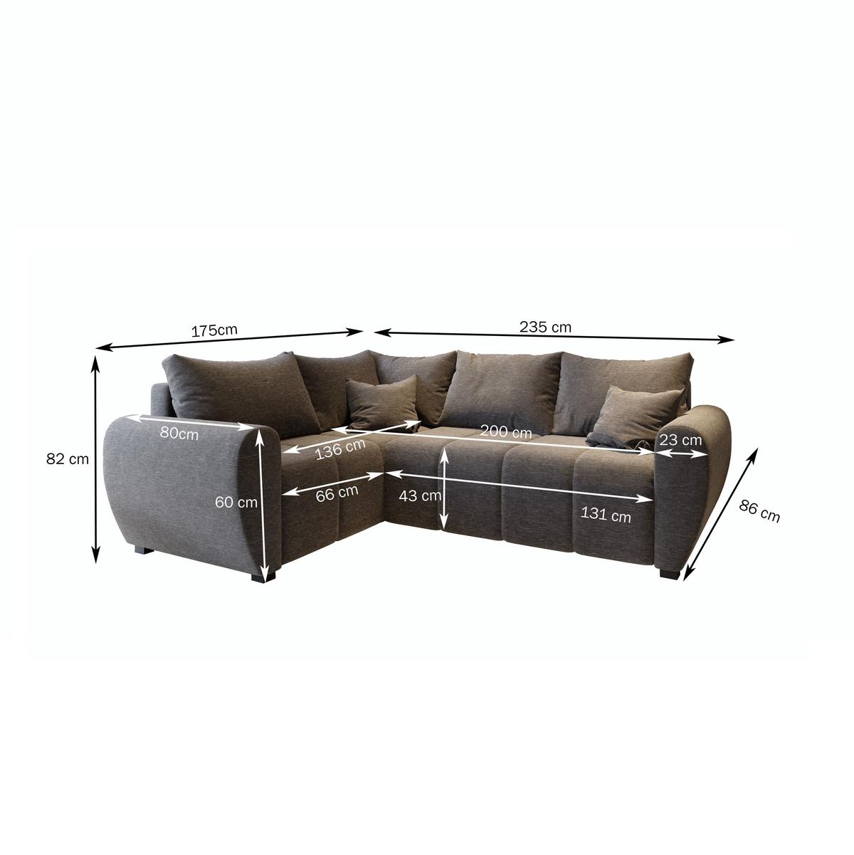 ECKSOFA MADISON L L-S Braun Plüsch-Stoff mit Schlaffunktion - Schwarz/Braun, Holz/Kunststoff (235/175cm) - MASSENO
