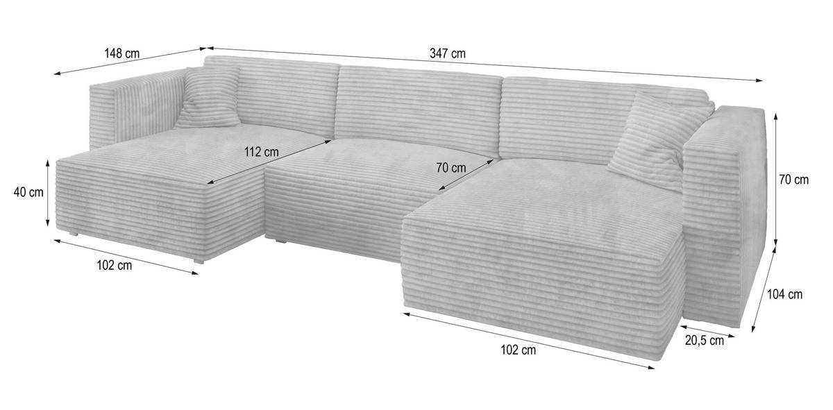 WOHNLANDSCHAFT SARMO Hellgrau Kordstoff mit Schlaffunktion - Hellgrau/Grau, Holz/Kunststoff (347/90/148cm) - MASSENO