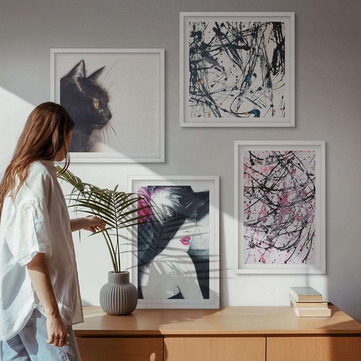 BILDER SET 4er Set - 50x50 cm & 40x60 cm Weißer Rahmen - Abstrakte Katzenmalereien - Weiß, Kunststoff (50/50cm) - TULUP
