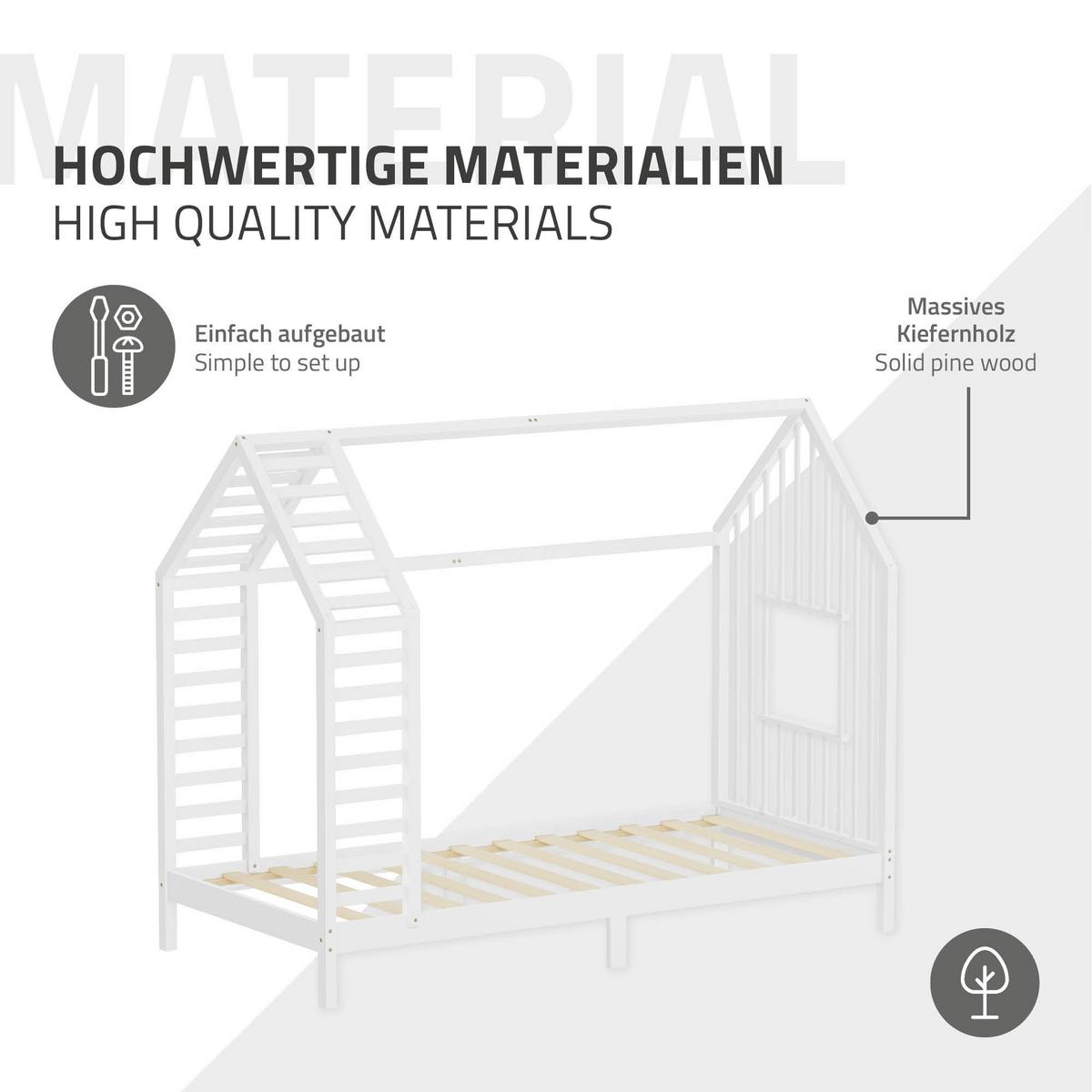 KINDERBETT 90x200 cm mit Lattenrost Dach und Fenster Hausbett aus massivem Kiefernholz Weiß - Weiß, Holz (90/200cm) - ML-DESIGN