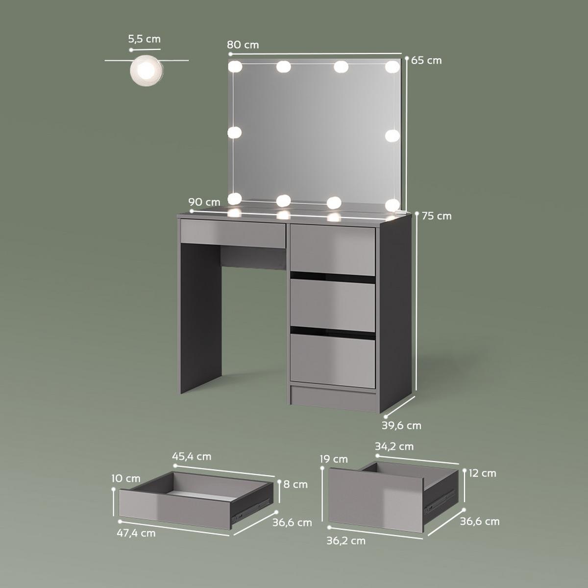 SCHMINKTISCH Imola Grau mit LED Beleuchtung und Hocker - Grau, Holzwerkstoff (90/75/40cm) - Livinity®