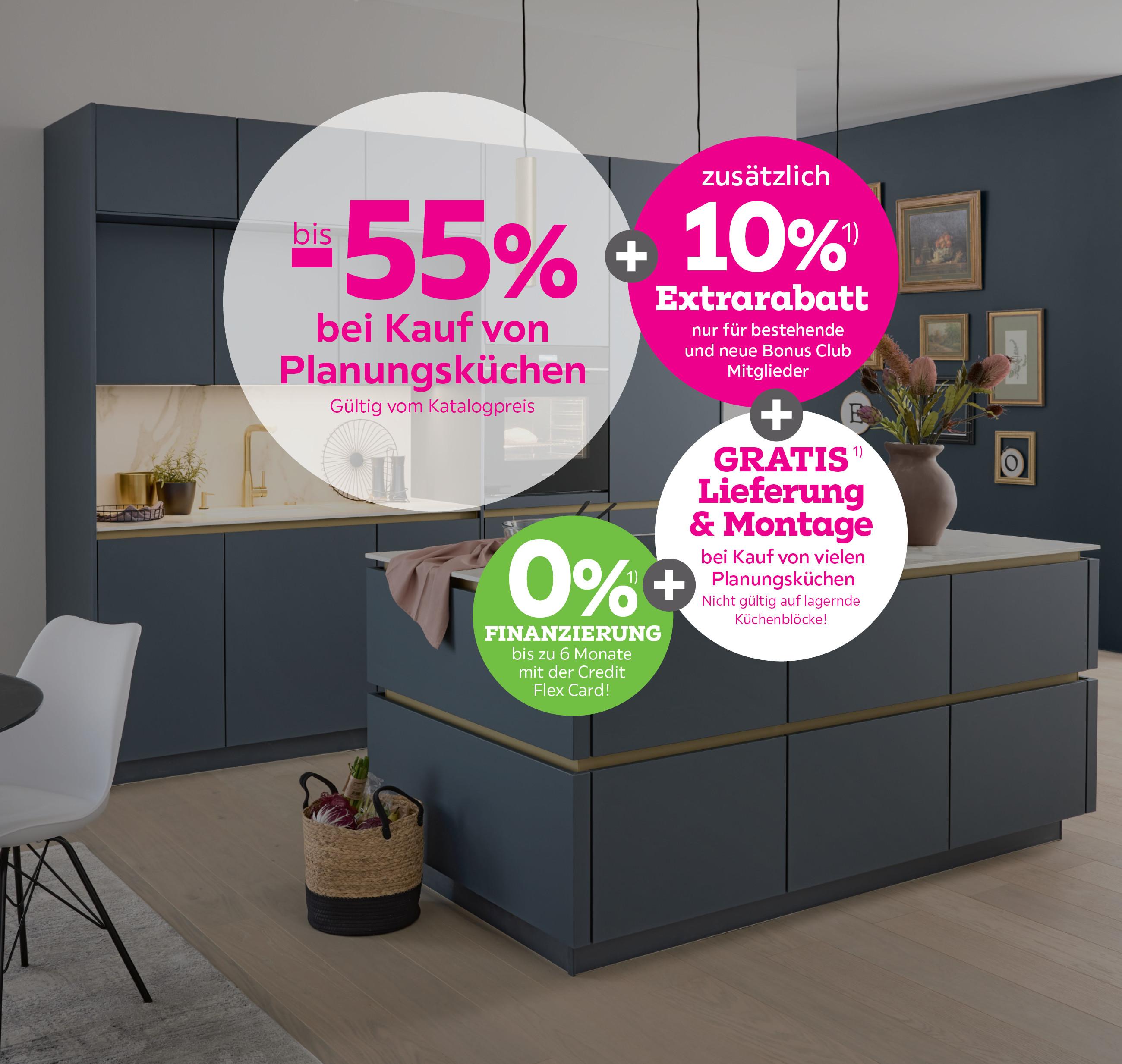 bis -55% bei Kauf von Planungsküchen + 10% Extrarabatt für Bonsu Club Mitglieder + Gratis Lieferung und Montage