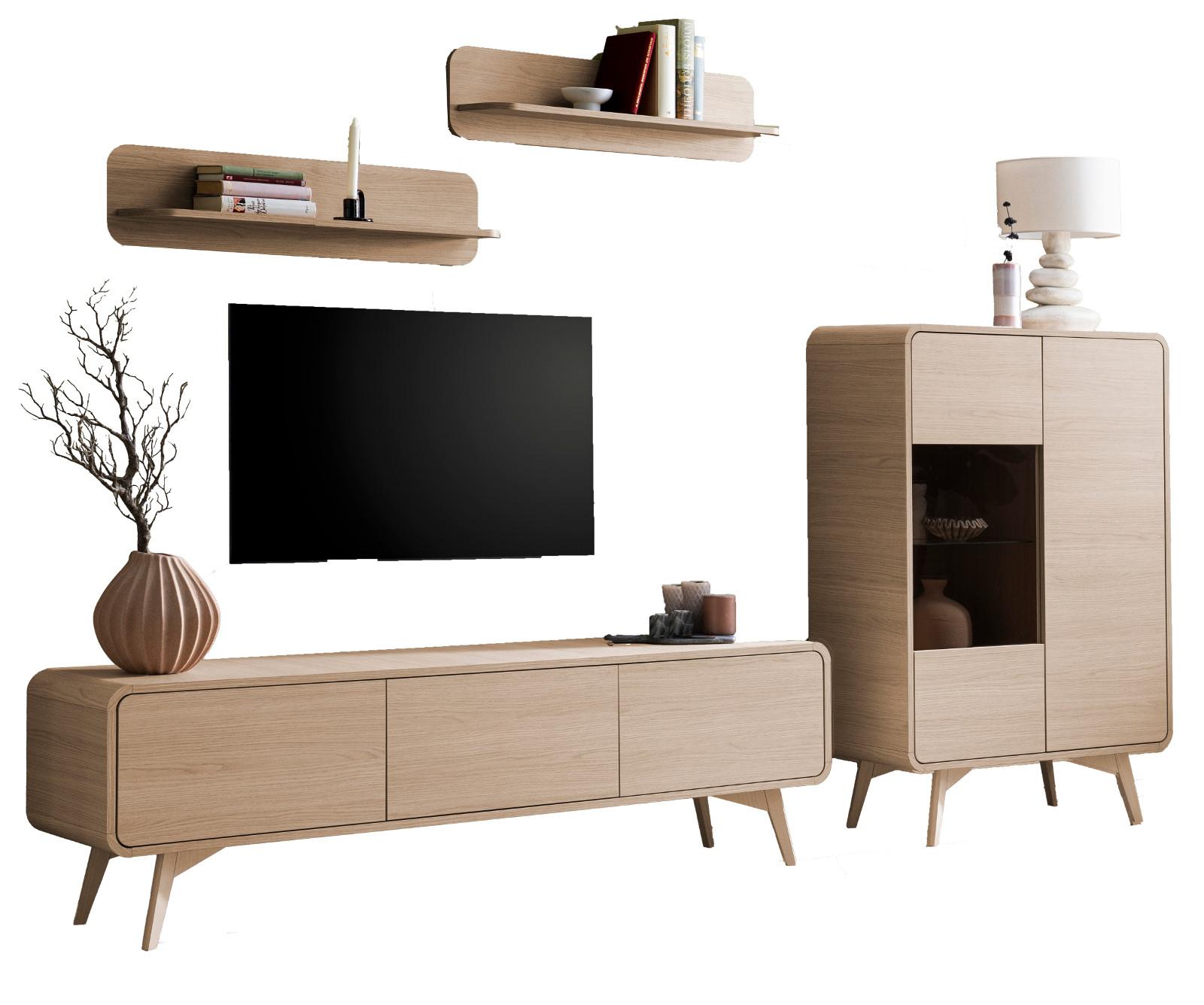 WOHNWAND Eiche natur 4-teilig 290 cm, Anbauwand mit Push-to-Open - Eichefarben, Glas/Holz (290/170/39cm) - Furn.Design