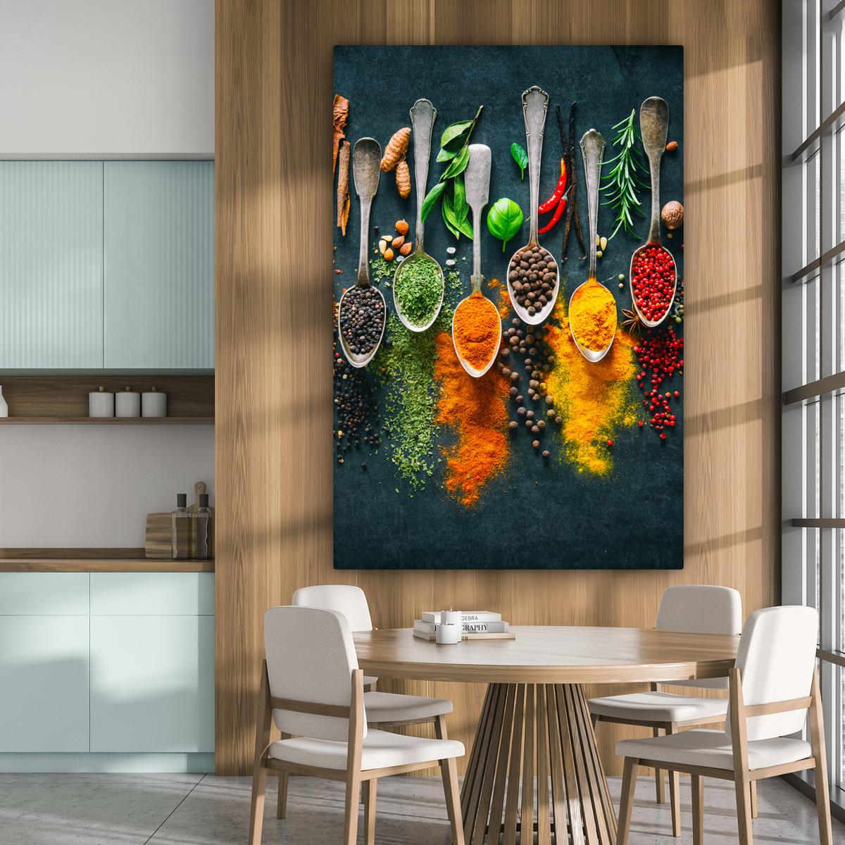 LEINWANDBILD Kräuter - Gewürze - Löffel Deko Groß 90x140 cm - Currygelb, Textil (90/140cm) - MuchoWow