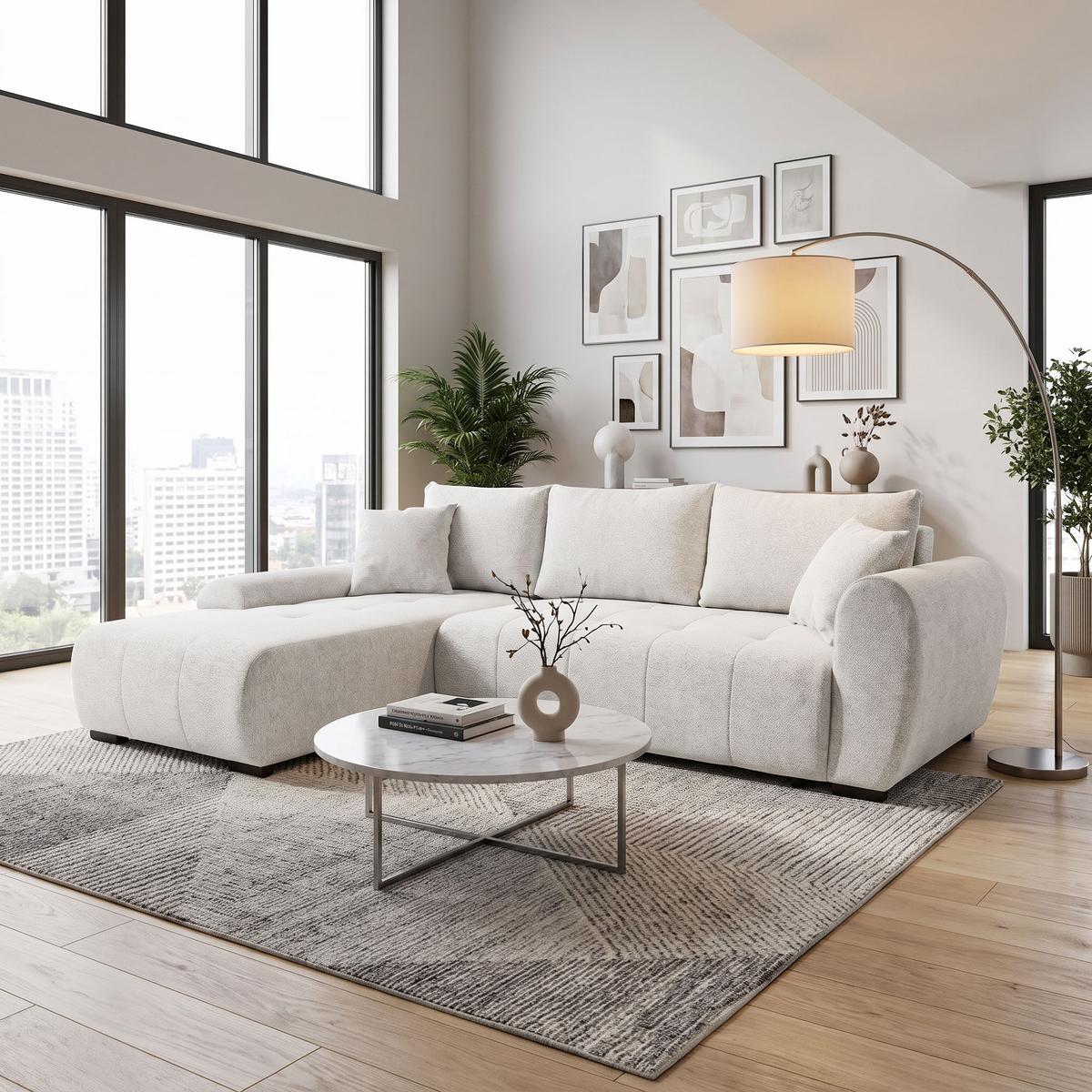 ECKSCHLAFSOFA Dallas mit Bettkasten, 255 cm, Creme, links, Velour-Stoff - Beige, Textil (255/175cm) - Beautysofa