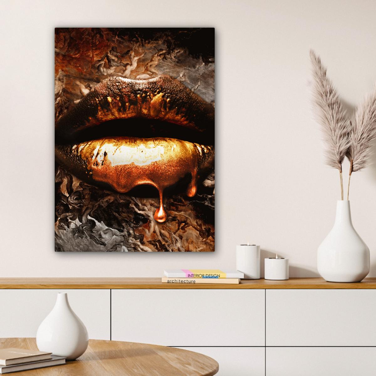 LEINWANDBILD Gold - Lippen - Kunst - Gold - Luxus - Abstrakt Wandbild Wohnzimmer 60x80 cm - Kupferfarben, Textil (60/80cm) - MuchoWow