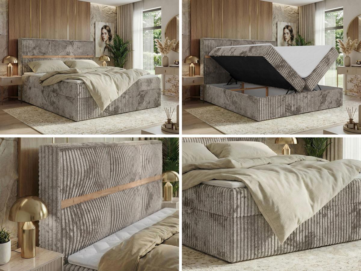 BOXSPRINGBETT ORVO 160/200 - Hellbraun Cord - Topper T25 - H3 - Hellbraun/Schwarz, Kunststoff/Textil (160/200cm) - MKS
