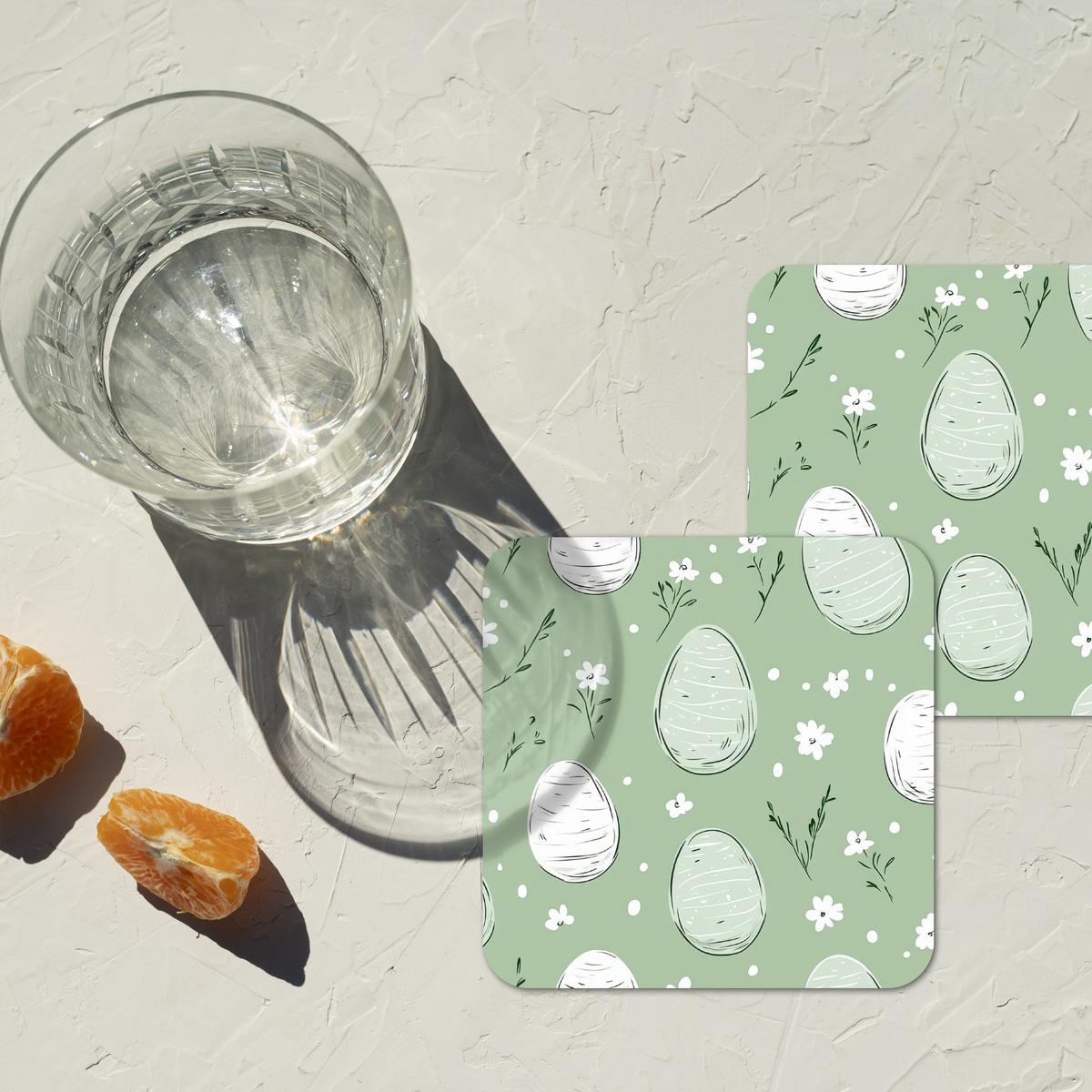 GLASUNTERSETZER 6er-Set Grün - Eier - Muster Tischset für Gläser 10x10 cm - Hellgrün, Naturmaterialien (10/0.2cm) - MuchoWow