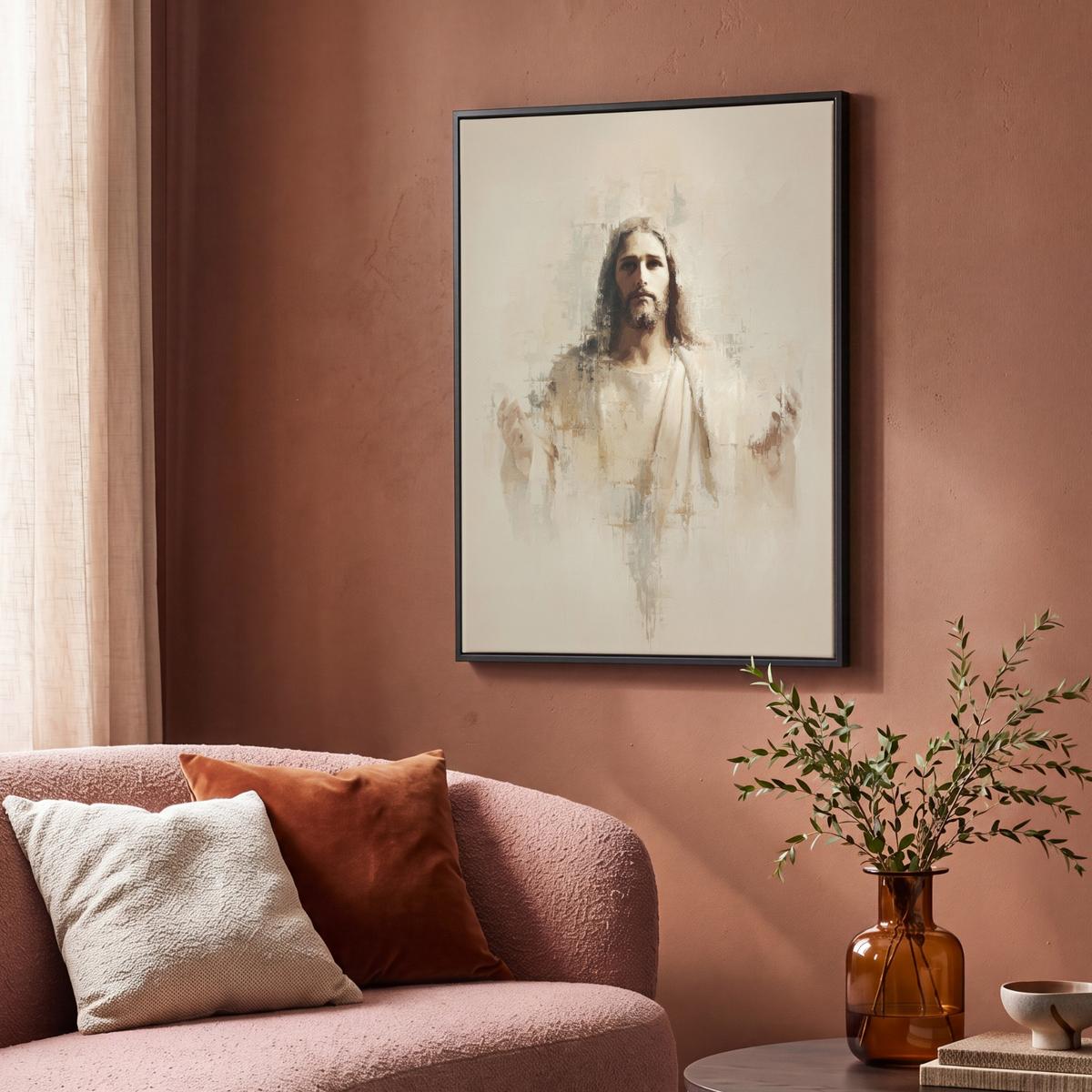 LEINWAND Bilder mit Rahmen - Porträt - Abstrakt - Jesus - Beige - 70x100 - Beige, Textil (70/100cm) - MuchoWow