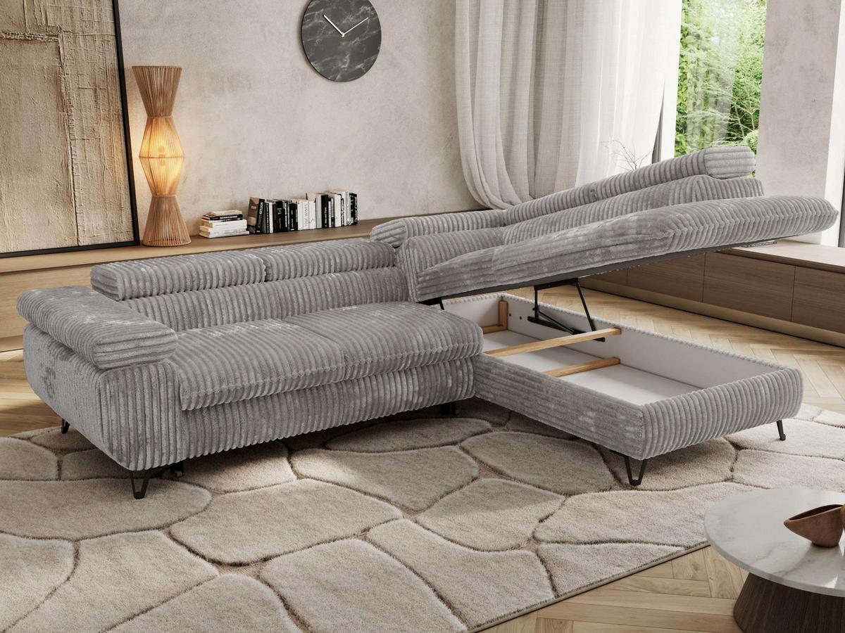 ECKSOFA PABLO L Hellgrau Cord - Rechts Seite - Hellgrau/Schwarz, Textil/Metall (273/208cm) - MKS