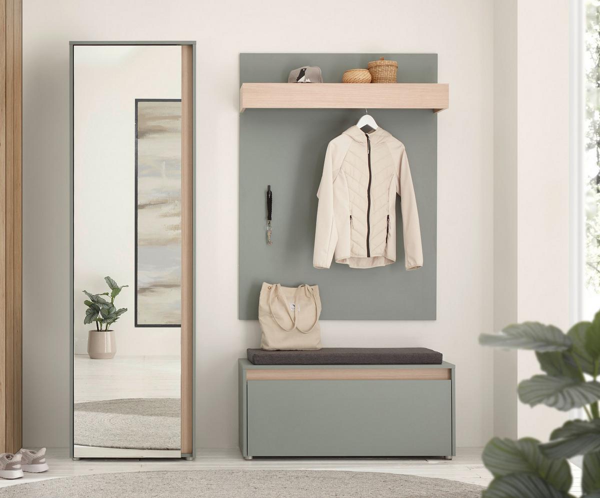 GARDEROBE Set 4-teilig, Salbei Grün und Eiche 170 x 200 cm mit Garderobenschrank und Spiegel - Salbeigrün/Eichefarben, Glas/Holz (170/200/40cm) - Furn.Design