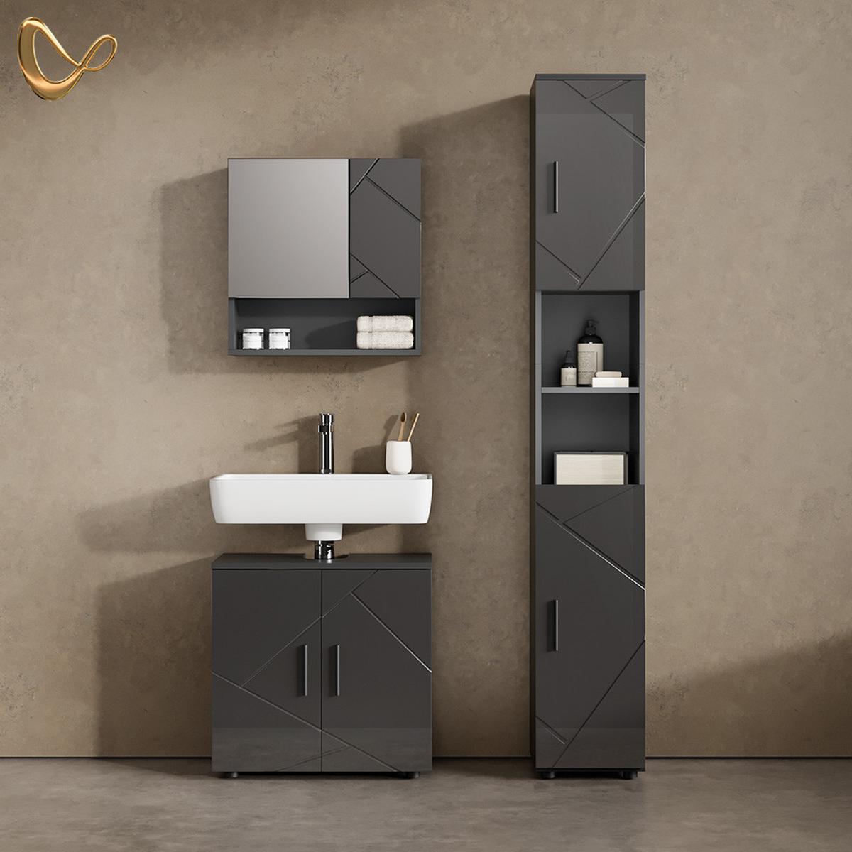 BADMÖBEL-SET Ronco Anthrazit Hochglanz 2 Teile, Unterschrank 60 cm - Schwarz Hochglanz, Holzwerkstoff (60/81/30cm) - Livinity®