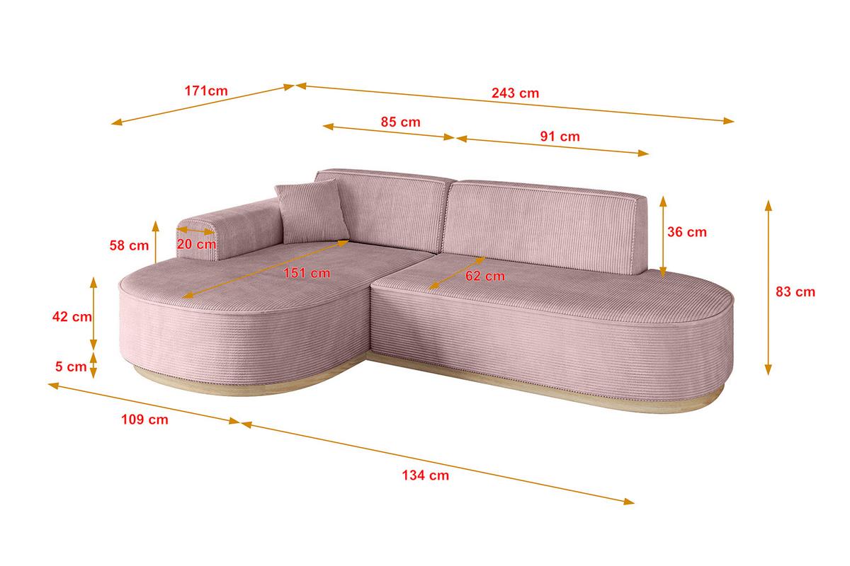 ECKSOFA Ottomane Links MARI-L1-v1 - 243x171x83 cm Rosa Cord - Rosa, Holzwerkstoff/Textil (243/171cm) - ALTDECOR