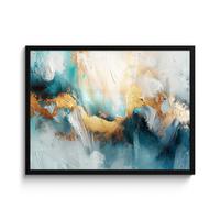 POSTER MIT RAHMENGERAHMTES BILD Abstrakt - Kunst - Gold - Blau 80x60 cm - Petrol, Papier (80/60cm) - MuchoWow