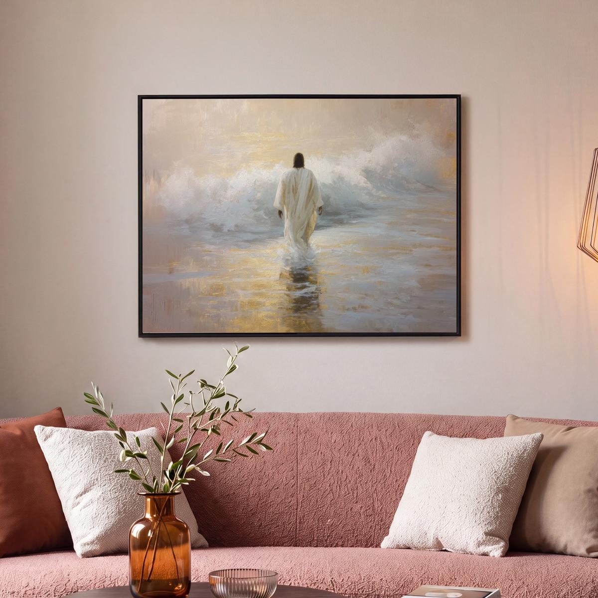LEINWAND Bilder mit Rahmen - Gemälde - Welle - Jesus - Abstrakt - 70x50 - Goldfarben, Textil (70/50cm) - MuchoWow