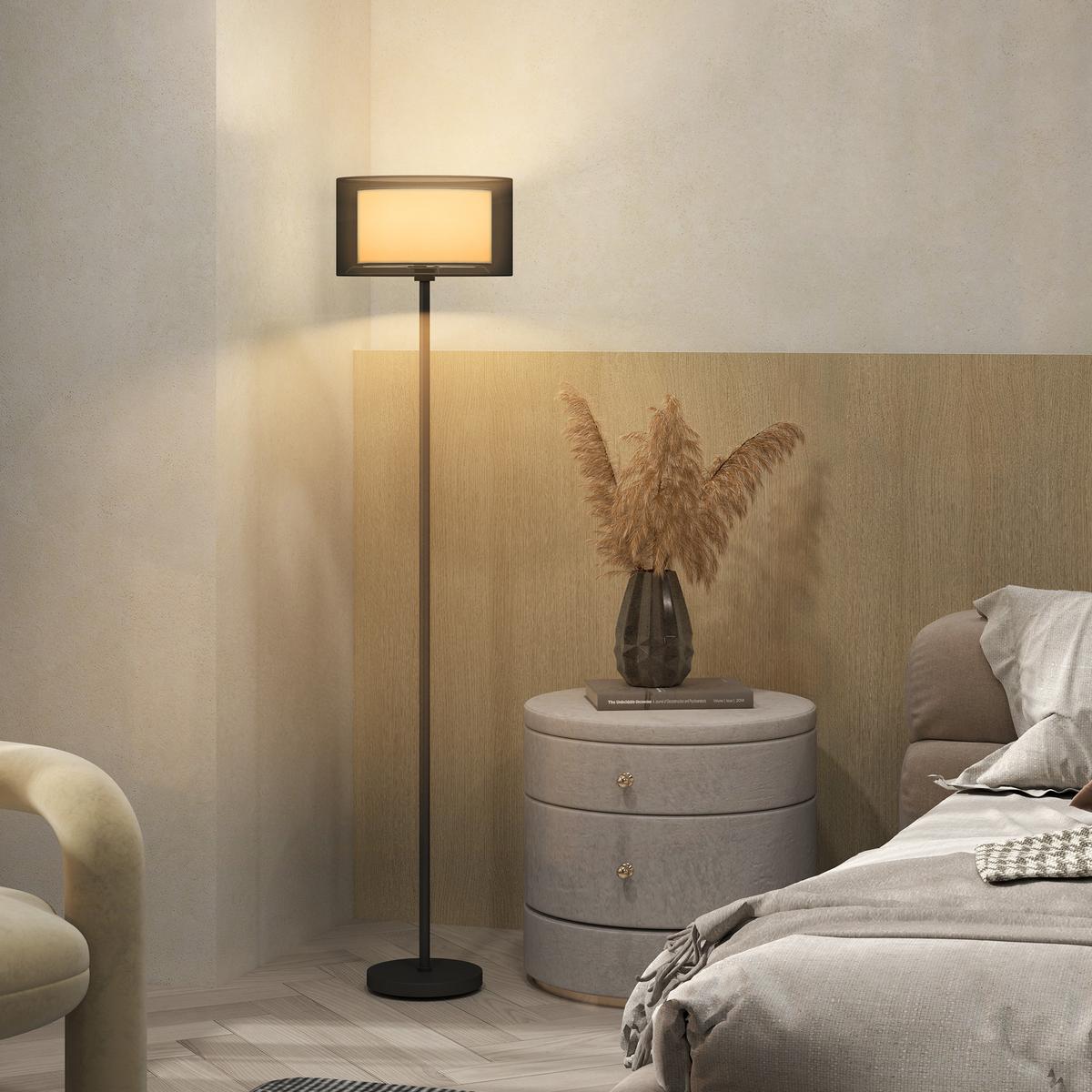 STEHLAMPE, Stehleuchte mit E27 Fassung, Lampenschirm aus Stoff, Schwarz - Schwarz, Metall (33/33/152.5cm) - HOMCOM