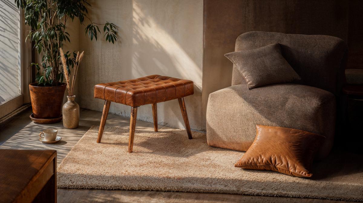 SITZHOCKER – Mango Massivholz/Echtleder, 67x47x39 cm, Chesterfield-Design - Braun, Leder/Holz (67/47/39cm) - KADIMA DESIGN