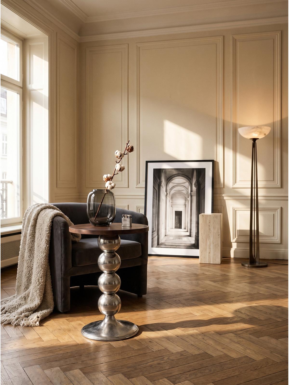 BEISTELLTISCH AMANTEA, Mango Massivholz, Braun-Silber, Ø 50 x 61,5 cm - Silberfarben/Sheeshamfarben, Holz/Metall (50/50/61.5cm) - KADIMA DESIGN