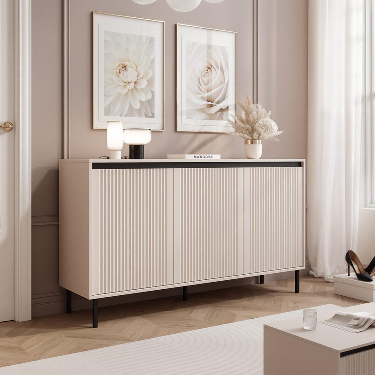 KOMMODE LIRA 149 cm, 3 Schublade(n) Sandbeige - Beige/Schwarz, Holzwerkstoff/Metall (149/100/40cm) - Idohome