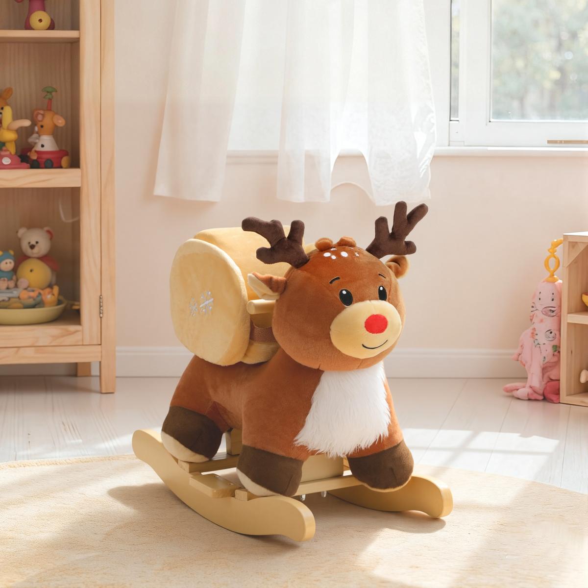 KINDER-SCHAUKELPFERD Rentier mit Schlafliedern Plüsch Braun - Braun, Textil (32/55/65cm) - AIYAPLAY