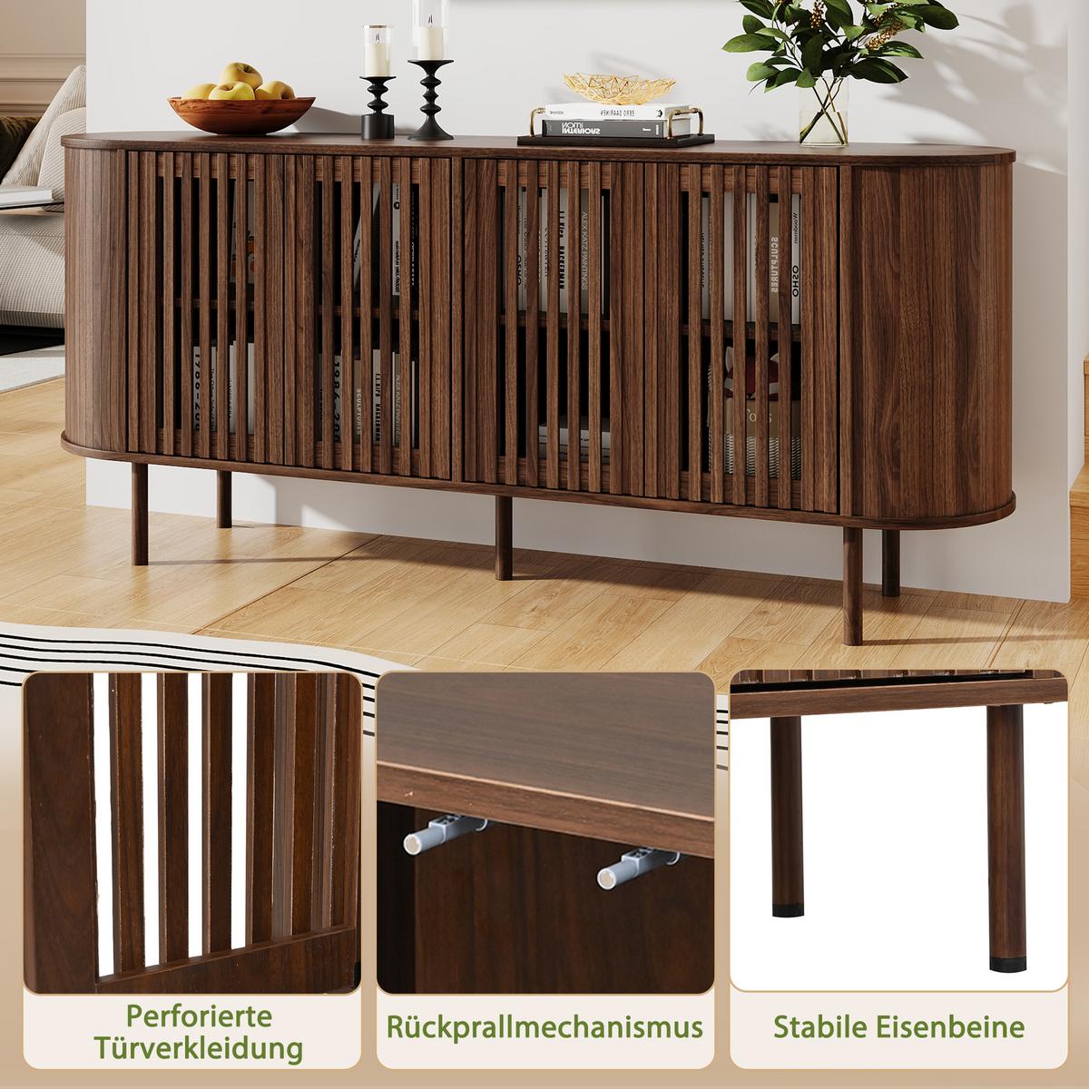 SIDEBOARD Walnuss Holzoptik 160cm mit 4 Lamellentüren & Metallfüßen - Walnussfarben, Holzwerkstoff (160/70/40cm) - Urban Meuble