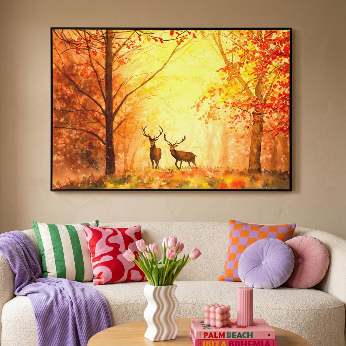 LEINWAND Bilder mit Rahmen - Natur - Ölfarbe - Hirsche - Tiere - Herbst - Orange - 120x80 - Orange, Textil (120/80cm) - MuchoWow