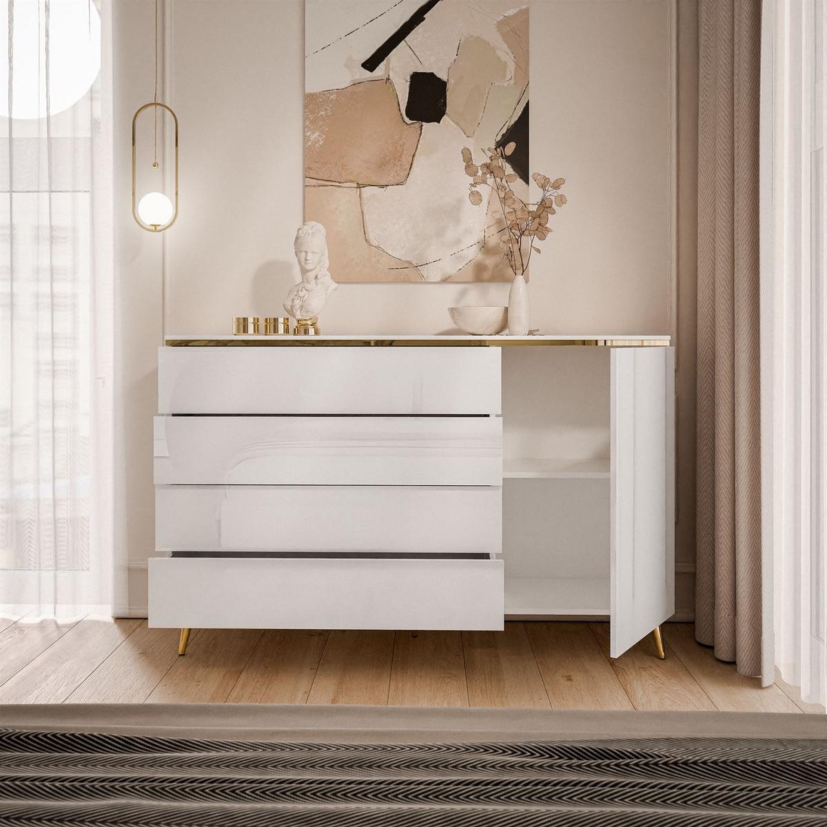 KOMMODE AURORA 4S1D Weiß / Weiß hochglanz mit schräge Goldchrom Fuße - Weiß Hochglanz/Goldfarben, Holzwerkstoff/Metall (140/90/40cm) - Lookway
